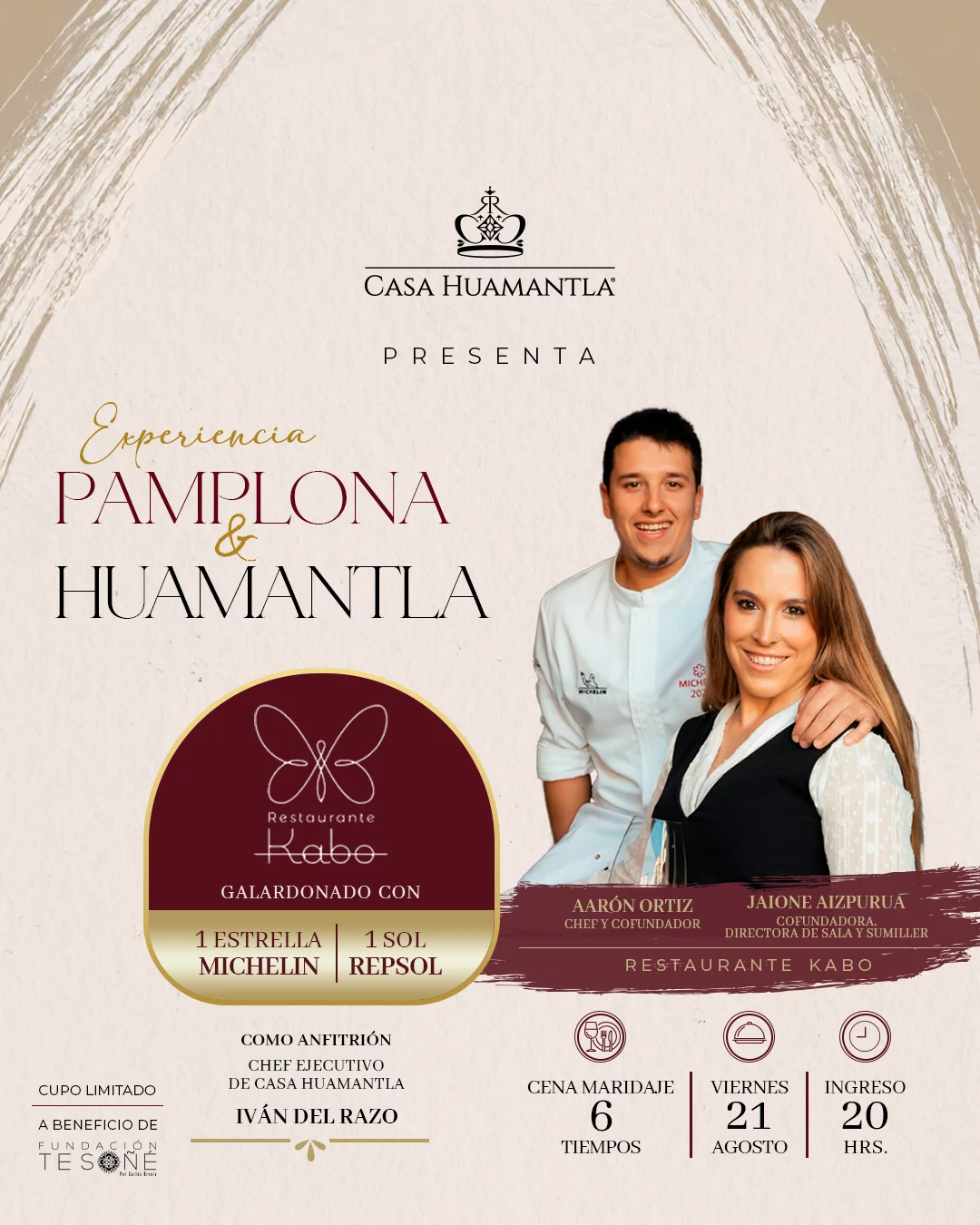Casa Huamantla presenta Experiencia Pamplona & Huamantla — Cena maridaje 6 tiempos con Aarón Ortiz y Jaione Aizpurua (Restaurante KABO), viernes 21 de agosto, 20 hrs.